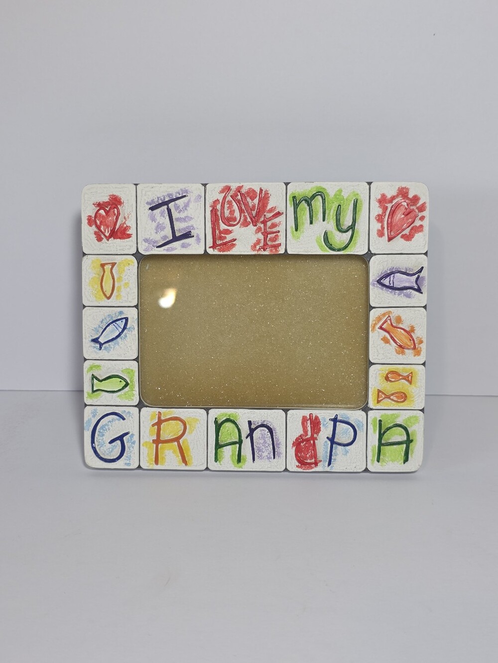 I Love My Grandpa Ceramic Picture Frame Cute Kids Drawing Style 4x6 Tabletop